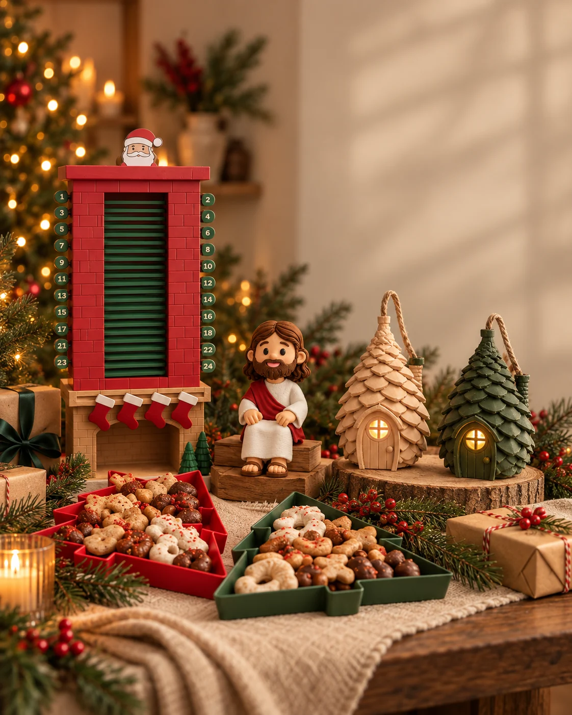 Composição da coleção Encanto de Natal sobre mesa de madeira