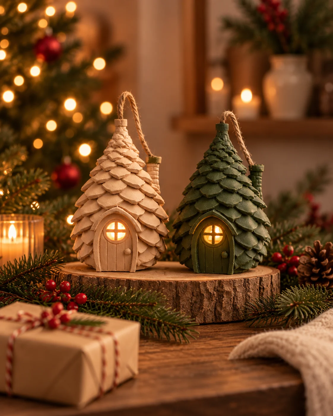 Casas decorativas iluminadas em cenário natalino