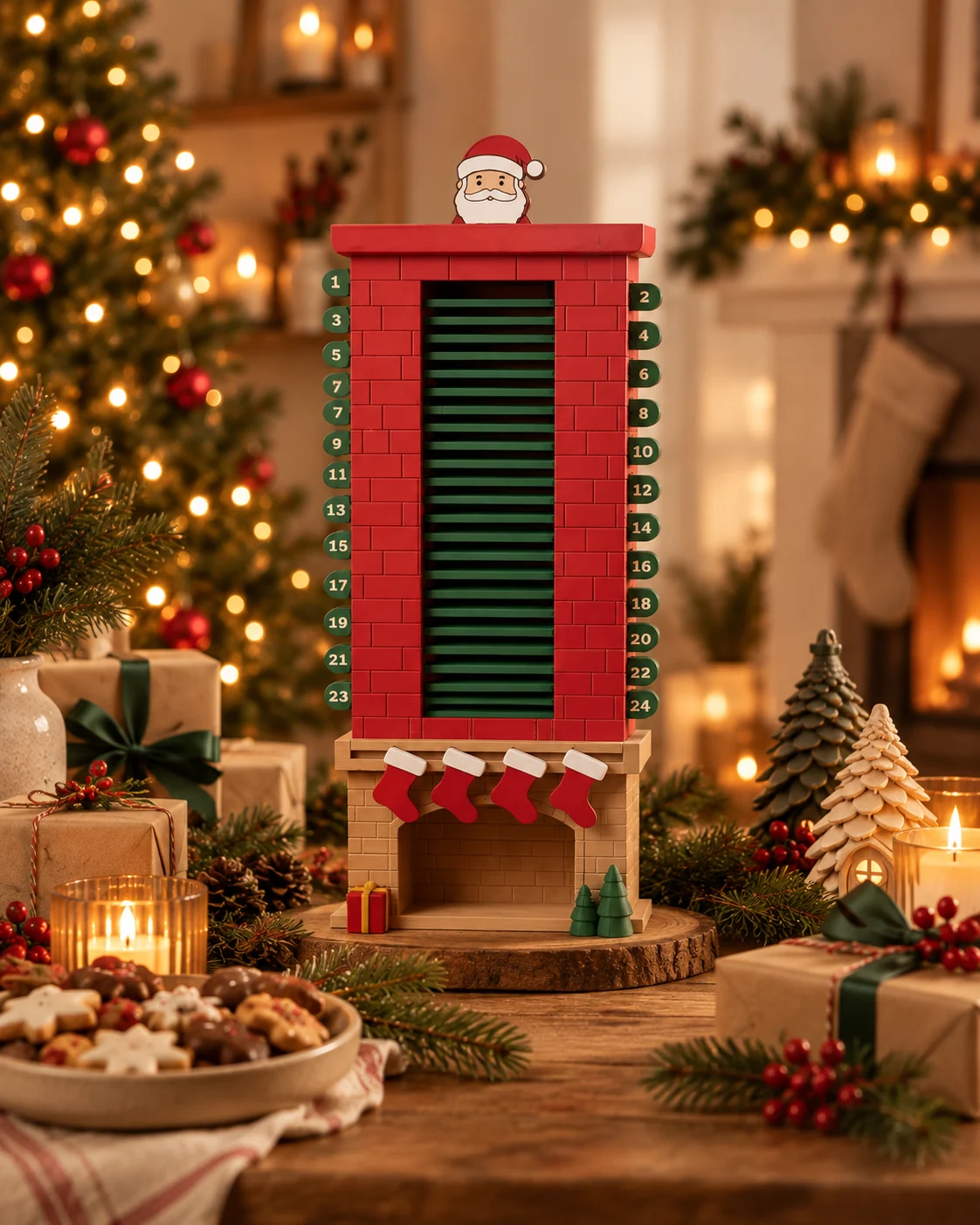 Calendário do advento decorativo junto à árvore de Natal