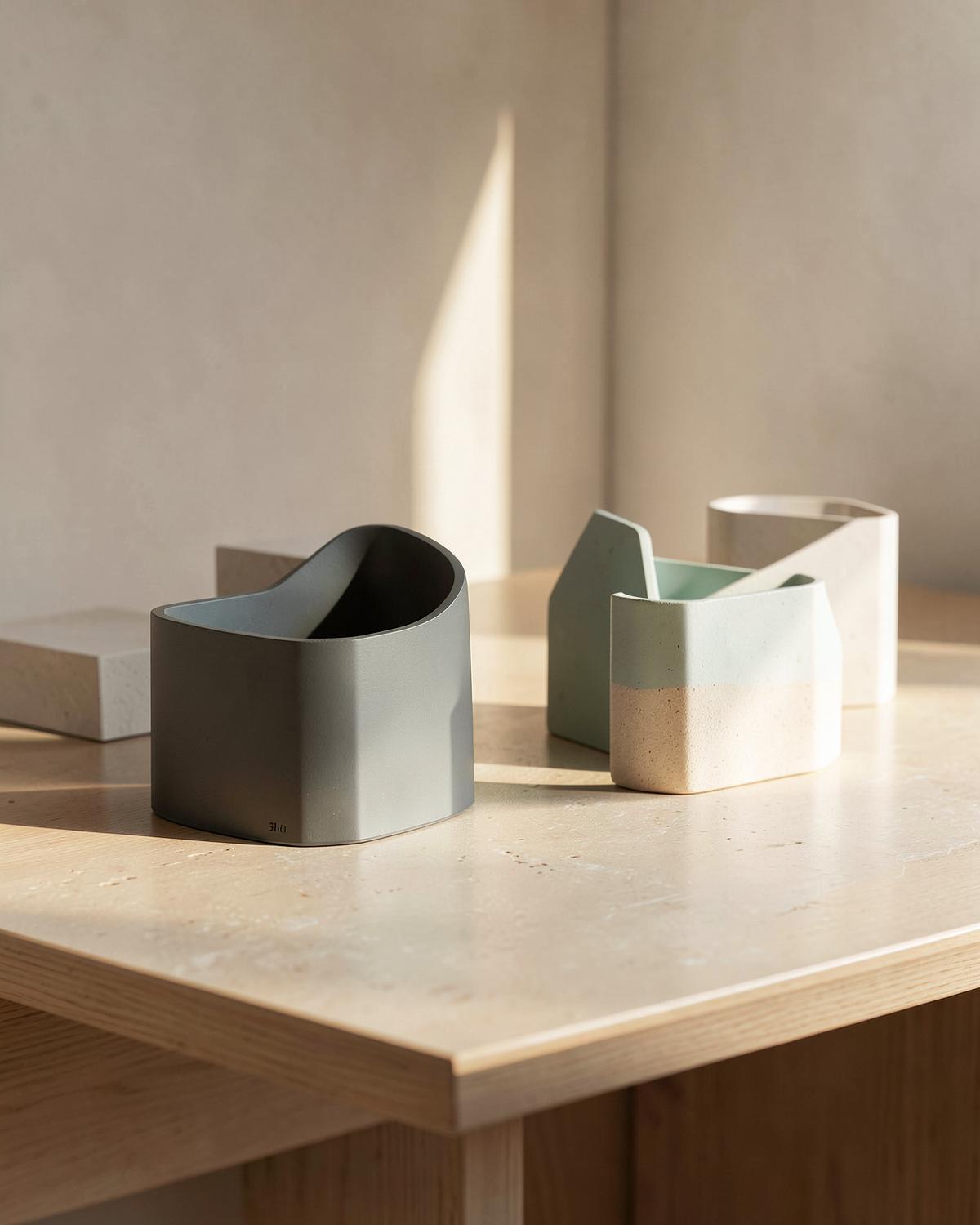 Objetos conceituais em uma mesa minimalista